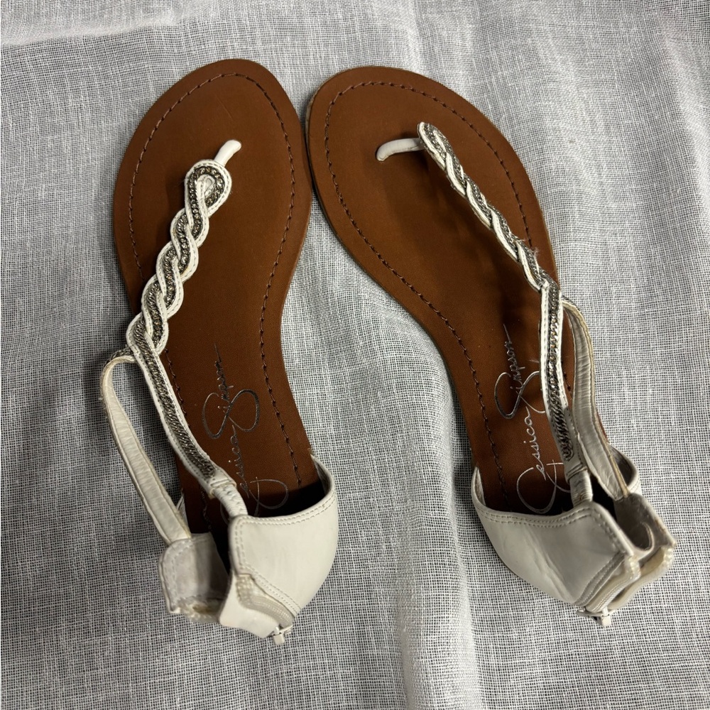 Jessica Simpson Women's White Braided T-Strap Sandals Size 6 1/2